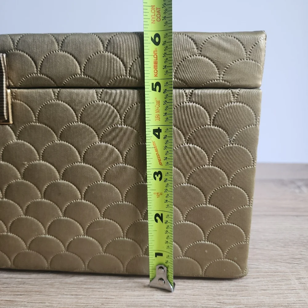 MCM VINTAGE Gold Metallic Quilted Vinyl Sewing Craft Box Lucite Handle